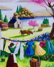 Load image into Gallery viewer, Washing Day by the Loch – Original Colourful Scottish Folk Art Oil Painting