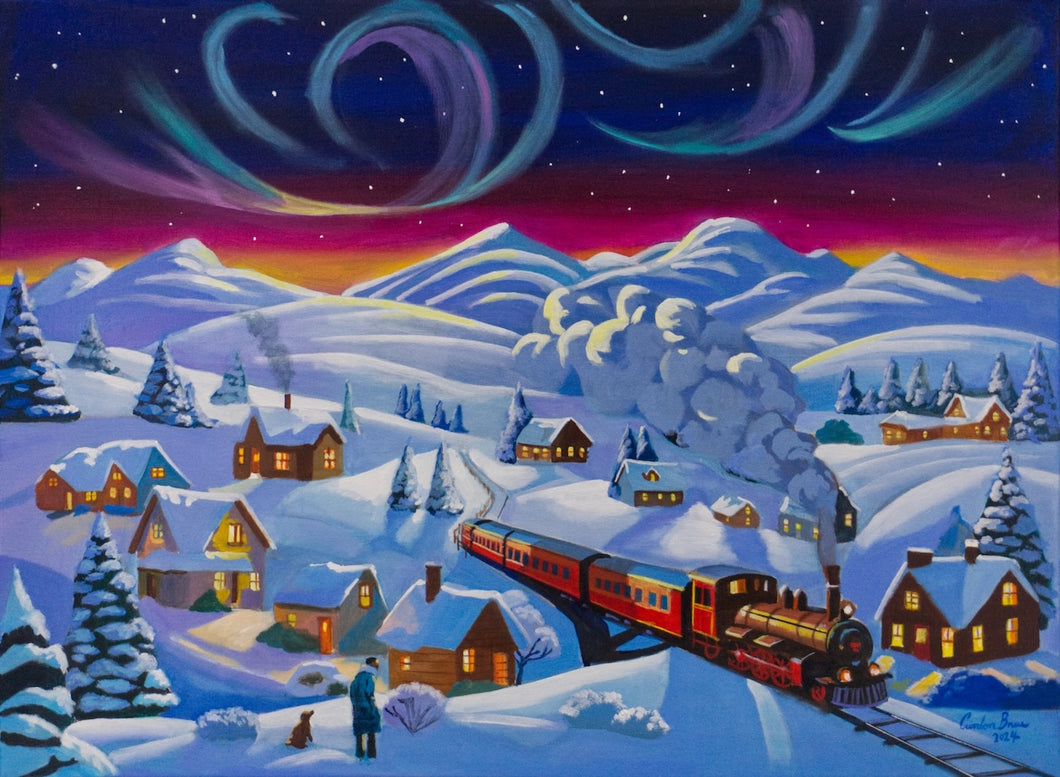 Winter train in the village original oil painting
