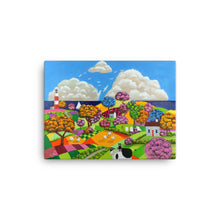 Load image into Gallery viewer, Folk art print, Cow, sheep and cat landscape Canvas print