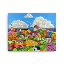 Load image into Gallery viewer, Folk art print, Cow, sheep and cat landscape Canvas print