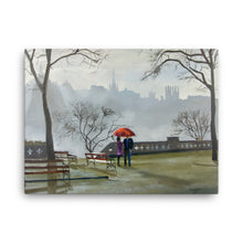 Load image into Gallery viewer, Couple in the rain with a red umbrella, Edinburgh city Canvas print