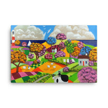Load image into Gallery viewer, Folk art print, Cow, sheep and cat landscape Canvas print