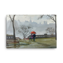 Load image into Gallery viewer, Couple in the rain with a red umbrella, Edinburgh city Canvas print