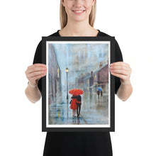 Load image into Gallery viewer, Red umbrella print, couple walking in the rain Framed poster