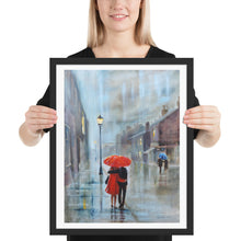 Load image into Gallery viewer, Red umbrella print, couple walking in the rain Framed poster