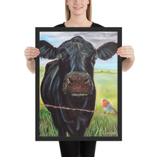 Load image into Gallery viewer, Cow and a robin Framed poster