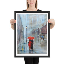 Load image into Gallery viewer, Red umbrella print, couple walking in the rain Framed poster