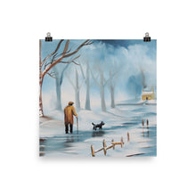 Load image into Gallery viewer, Man and dog, winter landscape print from painting
