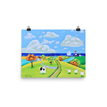 Load image into Gallery viewer, Colourful nursery art print, cow and sheep folk art