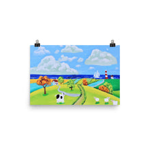 Load image into Gallery viewer, Colourful nursery art print, cow and sheep folk art