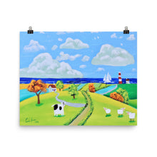 Load image into Gallery viewer, Colourful nursery art print, cow and sheep folk art