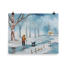 Load image into Gallery viewer, Man and dog, winter landscape print from painting