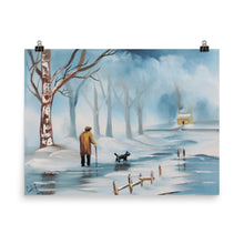 Load image into Gallery viewer, Man and dog, winter landscape print from painting