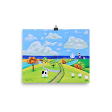 Load image into Gallery viewer, Colourful nursery art print, cow and sheep folk art