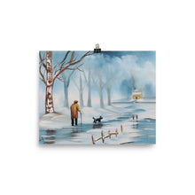 Load image into Gallery viewer, Man and dog, winter landscape print from painting