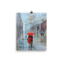 Load image into Gallery viewer, Red umbrella print, couple walking in the rain, Gordon Bruce art