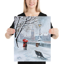 Load image into Gallery viewer, London print, a couple with a red umbrella walk through the snow