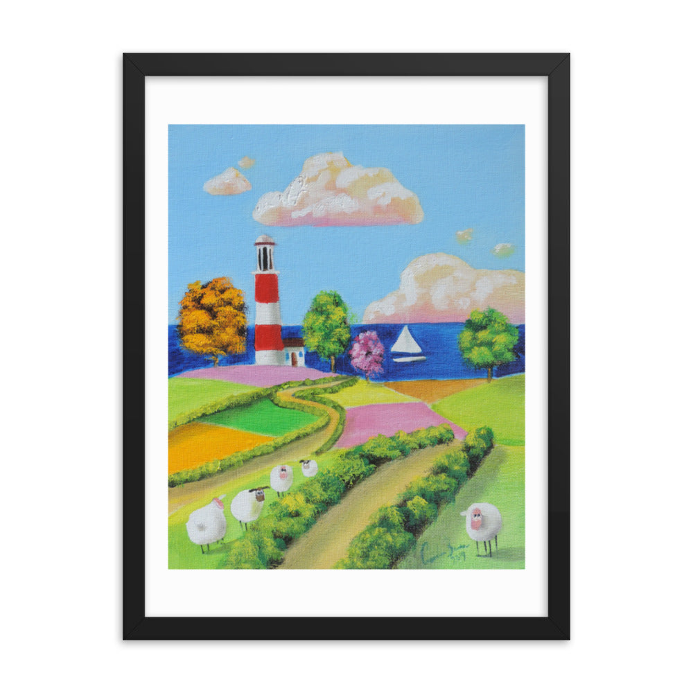 Sheep and a lighthouse framed photo paper poster