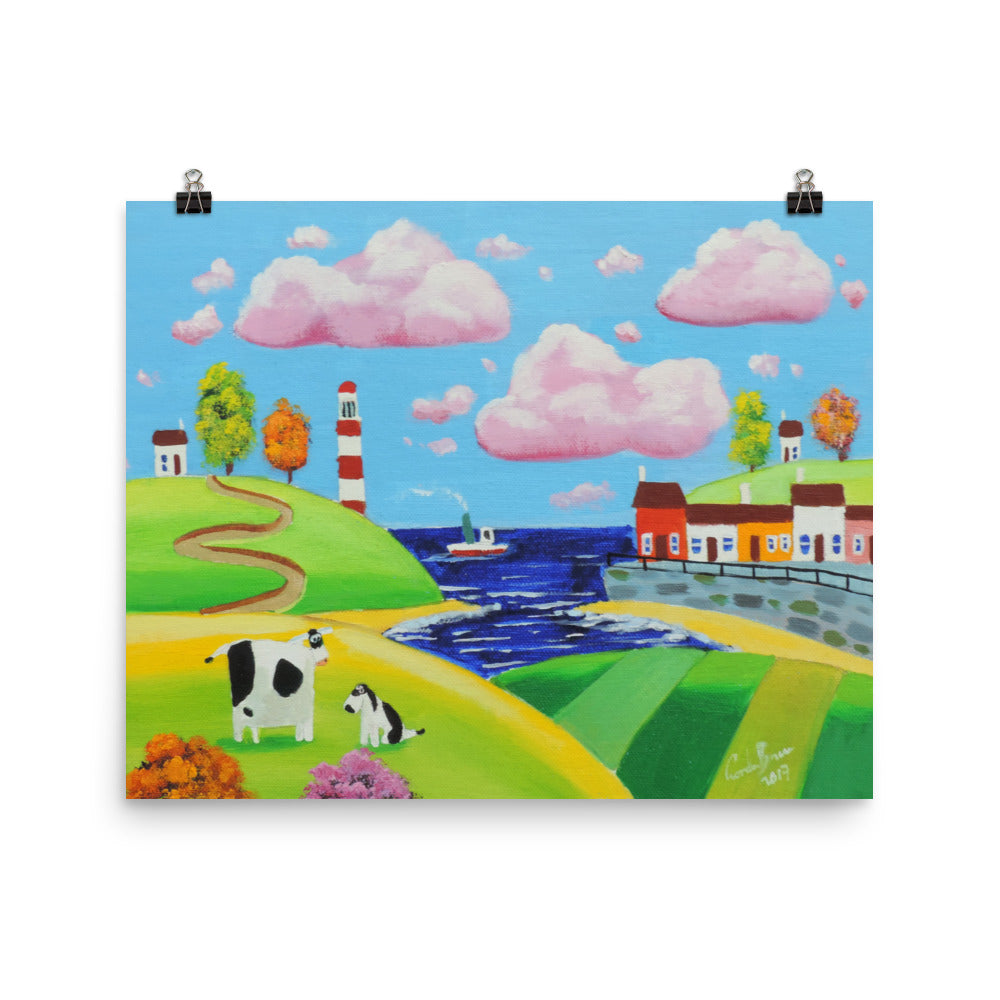 Dog and cow, folk art seaside Poster