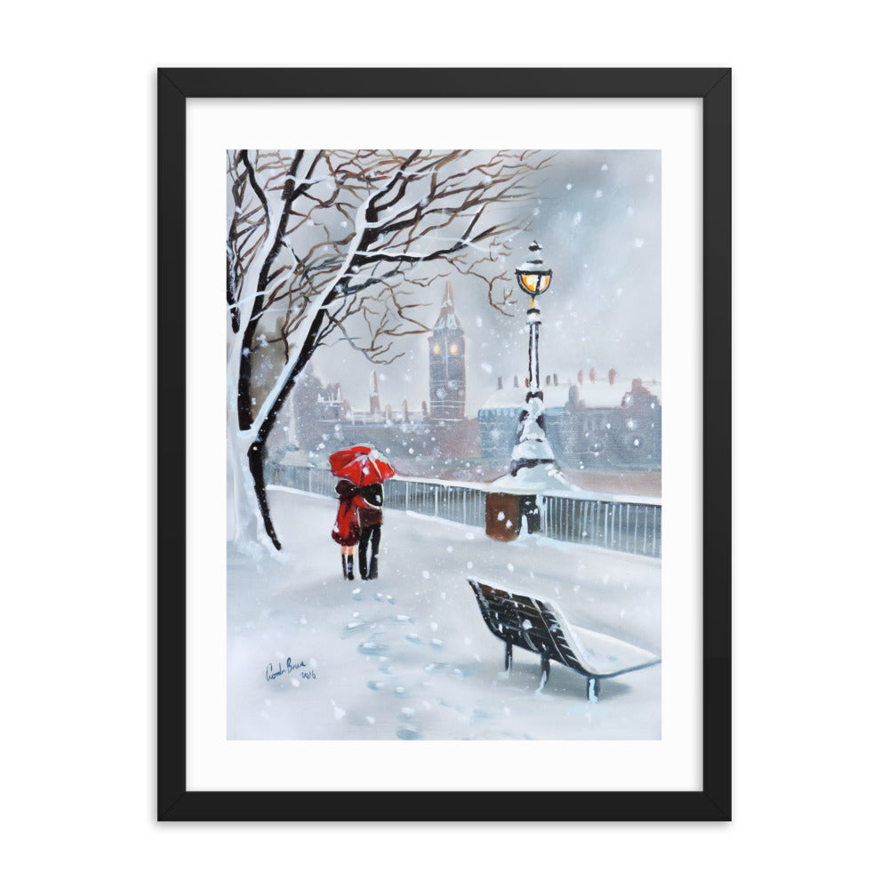 London framed print, a couple with a red umbrella in winter