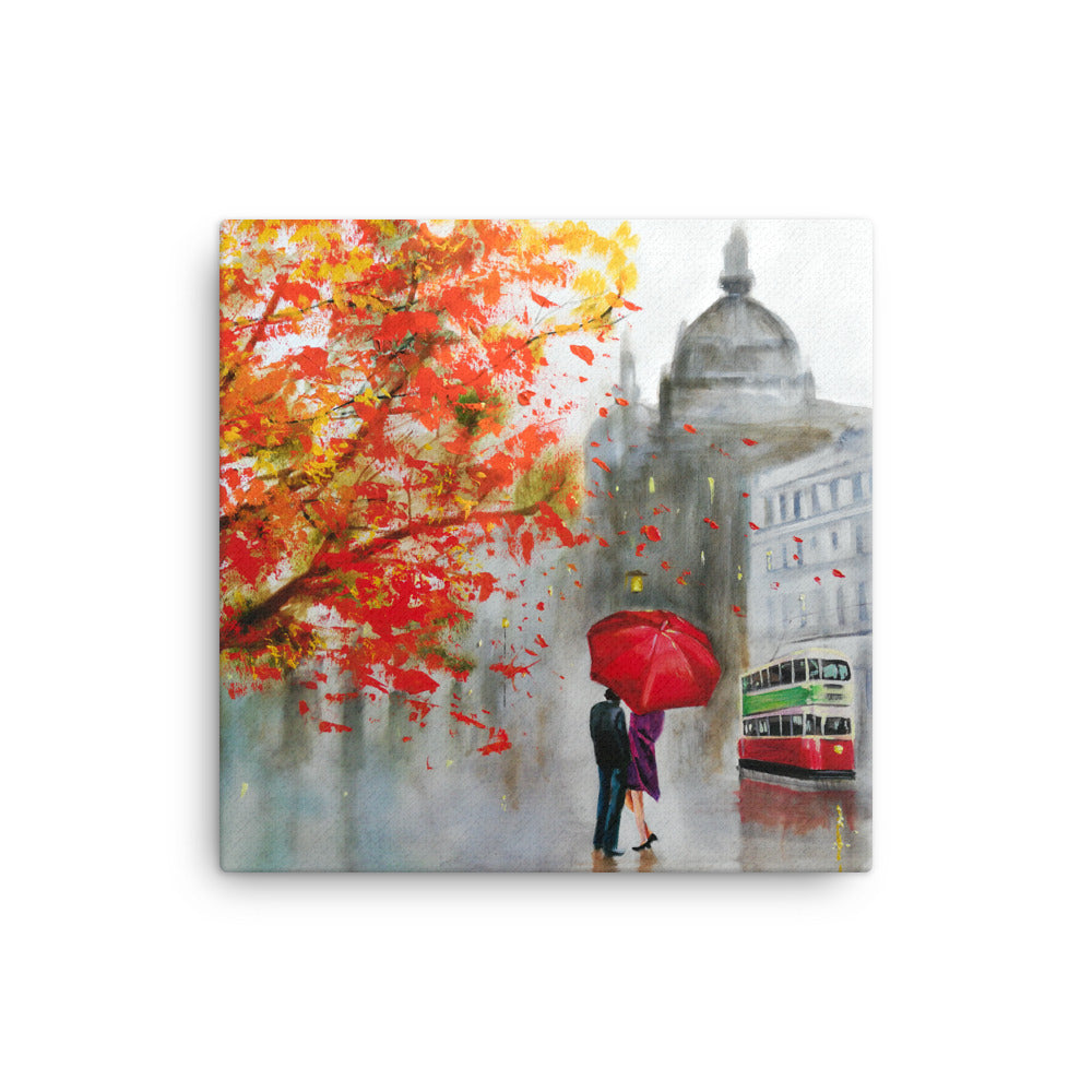 Rainy couple with a red umbrella print on Canvas