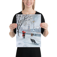 Load image into Gallery viewer, London print, a couple with a red umbrella walk through the snow