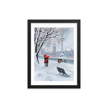 Load image into Gallery viewer, London framed print, a couple with a red umbrella in winter