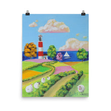 Load image into Gallery viewer, Folk art print, sheep and a lighthouse poster