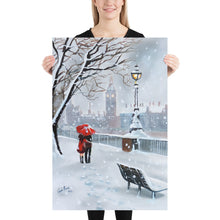Load image into Gallery viewer, London print, a couple with a red umbrella walk through the snow