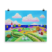 Load image into Gallery viewer, Lighthouse and rolling hills folk art print, Photo paper poster