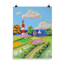 Load image into Gallery viewer, Folk art print, sheep and a lighthouse poster