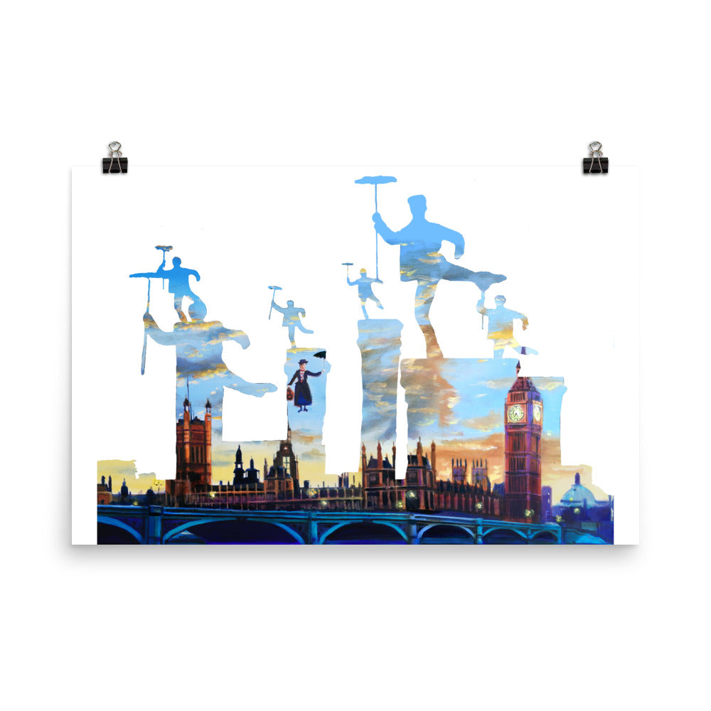 Mary Poppins print, London Chimney sweeps silhouette Poster