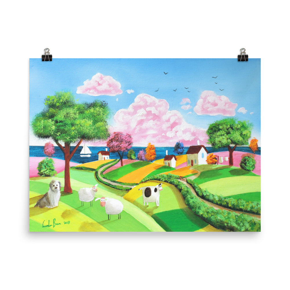 A happy folk art seaside scene print, Gordon Bruce art Poster