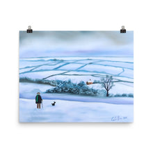 Load image into Gallery viewer, Our view of the house print, man and his dog in winter