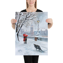Load image into Gallery viewer, London print, a couple with a red umbrella walk through the snow