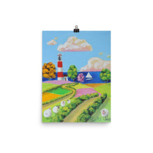 Load image into Gallery viewer, Folk art print, sheep and a lighthouse poster