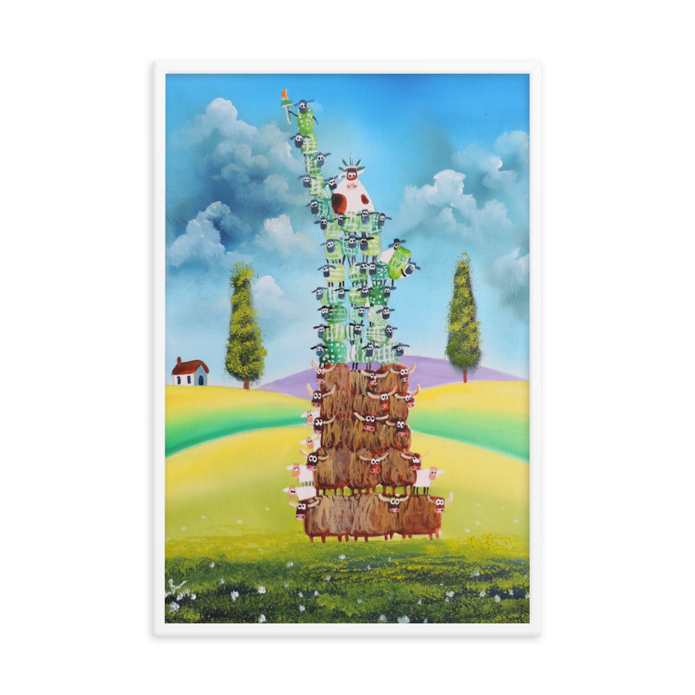 Statue of Liberty Framed poster, Folk art print, cow and sheep