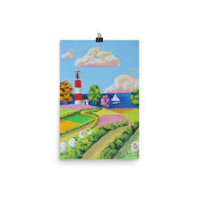 Load image into Gallery viewer, Folk art print, sheep and a lighthouse poster