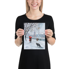 Load image into Gallery viewer, London print, a couple with a red umbrella walk through the snow