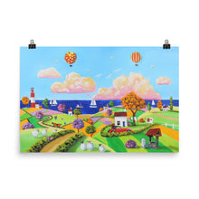 Load image into Gallery viewer, Folk art hot air balloons print, colourful seaside Poster Gordon Bruce art