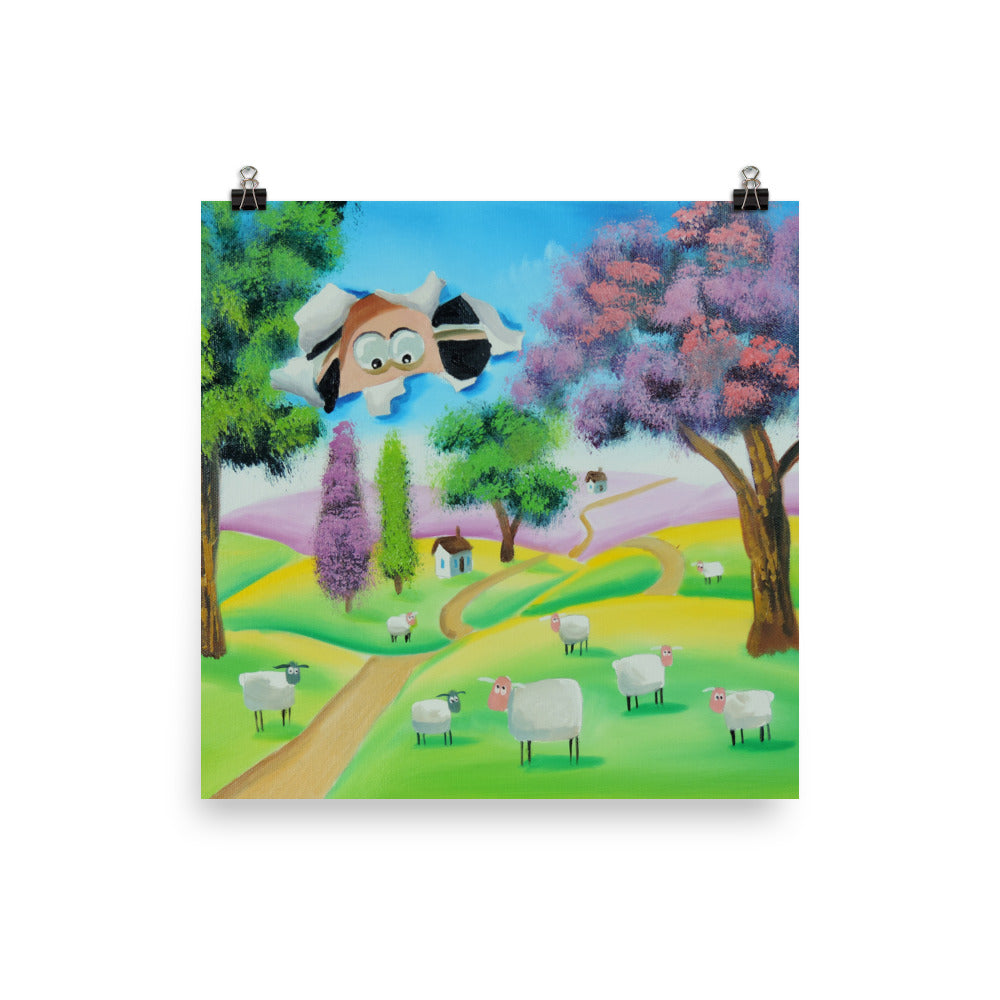 Folk art print, Sheep face through the canvas Poster