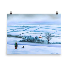 Load image into Gallery viewer, Our view of the house print, man and his dog in winter