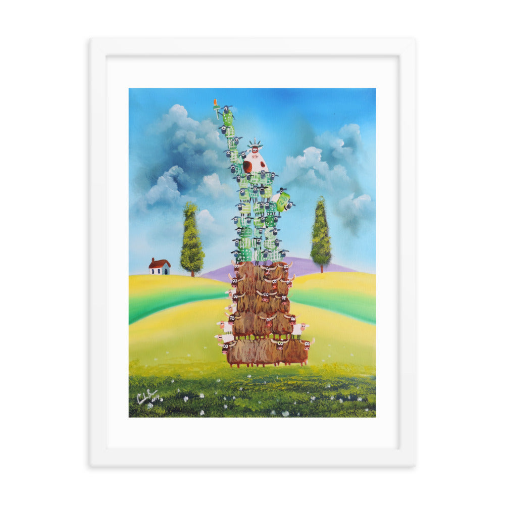 Statue of Liberty Framed poster, Folk art print, cow and sheep