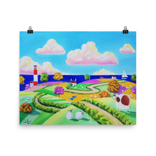 Load image into Gallery viewer, Lighthouse and rolling hills folk art print, Photo paper poster