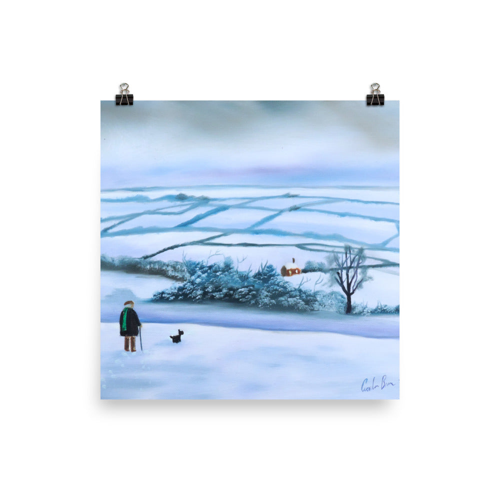 Our view of the house print, man and his dog in winter