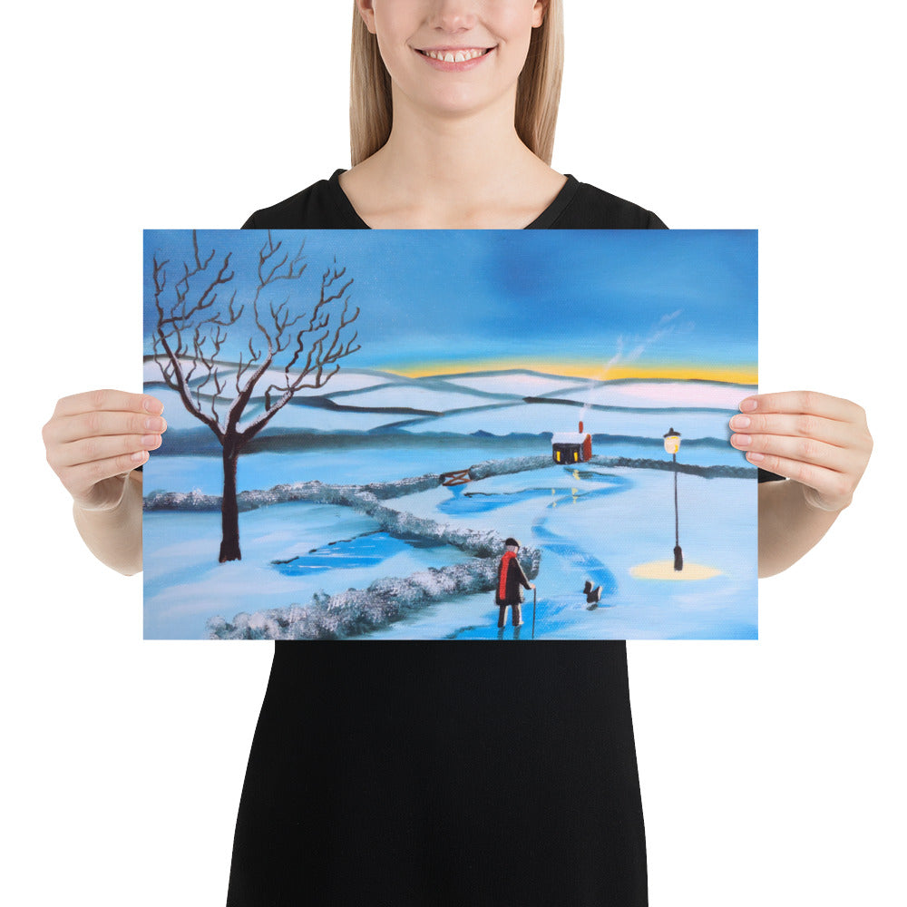 Man and dog walking home folk art Poster