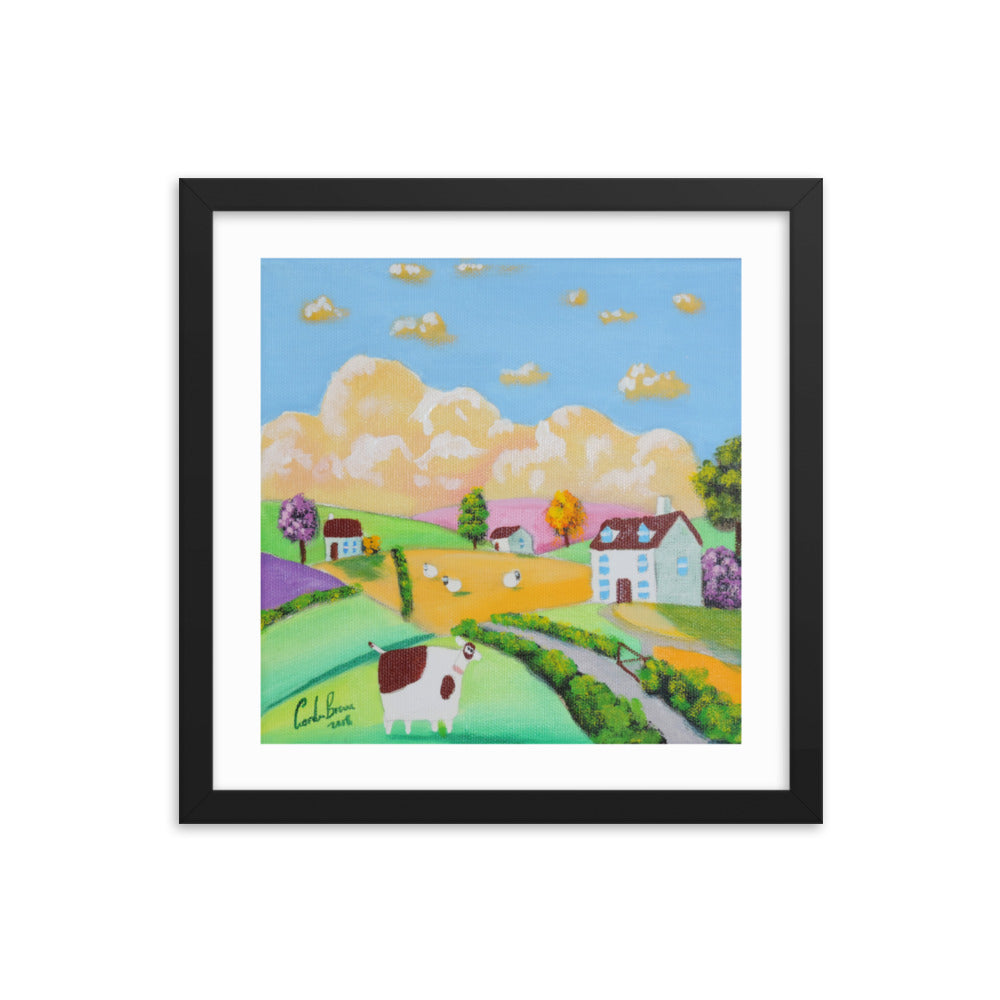 Folk art cow and sheep Framed photo paper poster