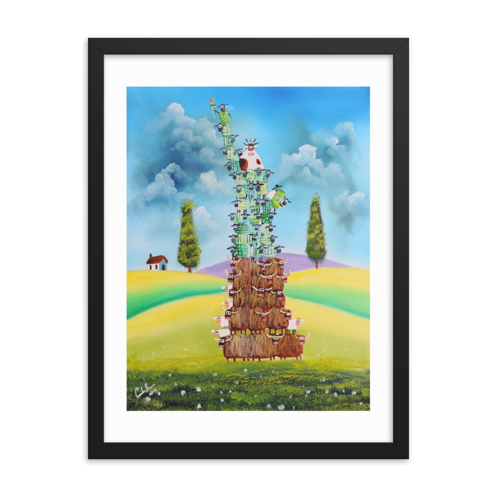 Statue of Liberty Framed poster, Folk art print, cow and sheep