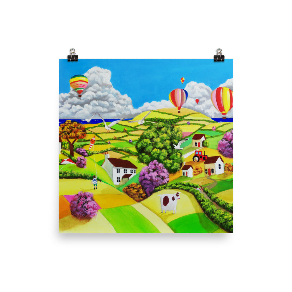 Flying kites folk art Poster