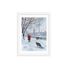 Load image into Gallery viewer, London framed print, a couple with a red umbrella in winter